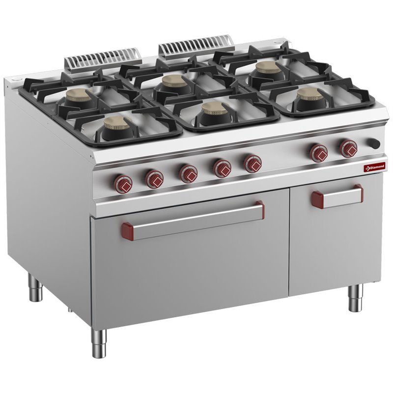 Fourneau 6 feux sur four gaz  GN 2/1 et armoire neutre ferm&eacute;e - Diamond - G9/6BFA12-N