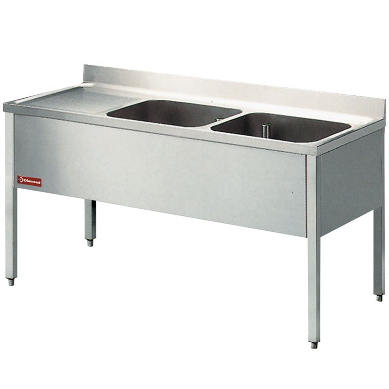 Plonge 2 cuves et 1 &eacute;gouttoir &agrave; gauche, avec pi&eacute;tement - Diamond - L1620S-KD-D