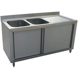 Plonge 2 cuves 400x500x275 &eacute;gouttoir droit  sur armoire 2 portes coulissantes - Diamond - L1621D-AS-D