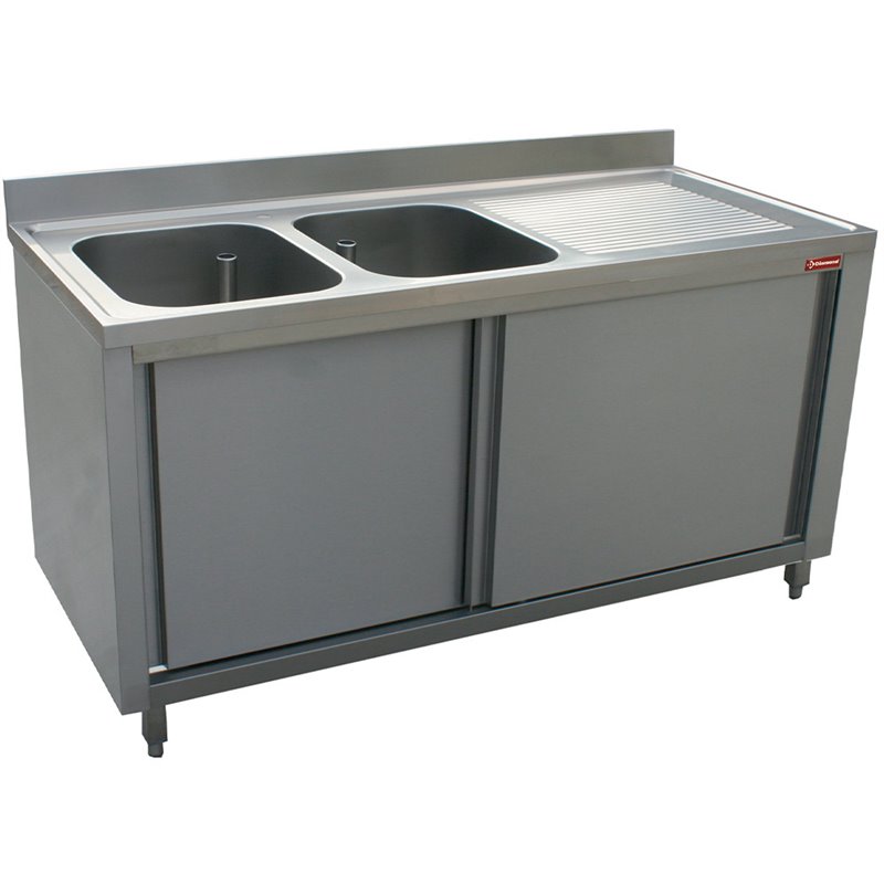Plonge 2 cuves 400x500x275 &eacute;gouttoir droit  sur armoire 2 portes coulissantes - Diamond - L1621D-AS-D