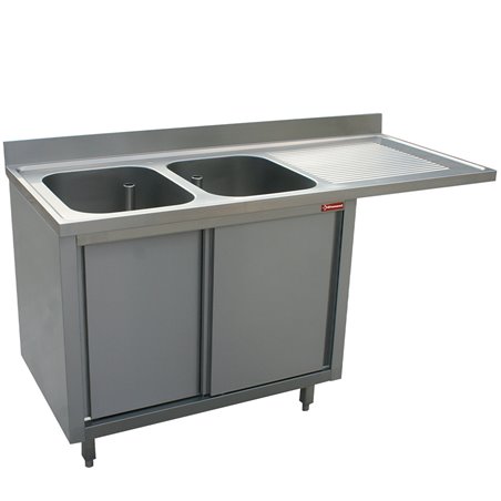 Plonge 2 cuves 400x500x275 &eacute;gouttoir droit sur armoire 2 portes coulissantes et espace lave vaisselle - Diamond - L1621VD-AS-D