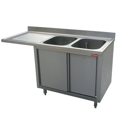 Plonge 2 cuves 400x500x275 &eacute;gouttoir gauche sur armoire 2 portes coulissantes et espace lave vaisselle - Diamond - L1621VS-AS-D