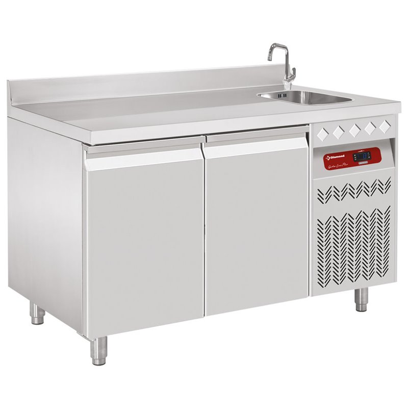 Table frigorifique "murale" ventil&eacute;e, 2 portes GN 1/1, 260 Lit. avec &eacute;vier - Diamond - DT131/P9A_EV