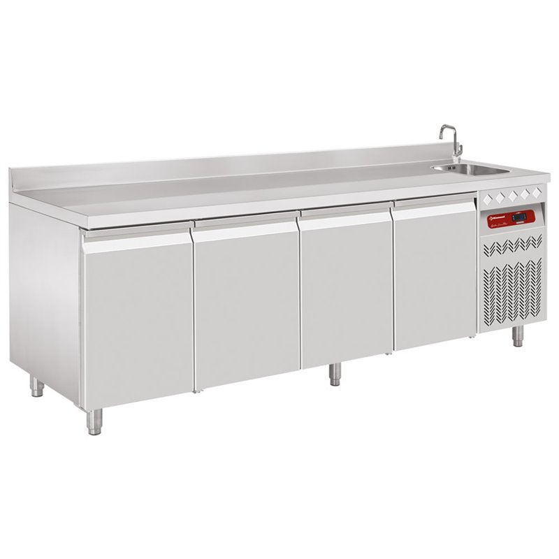 Table frigorifique "murale" ventil&eacute;e, 4 portes GN 1/1, 550 Lit. avec &eacute;vier - Diamond - DT224/P9A_EV