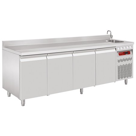 Table frigorifique "murale" ventil&eacute;e, 4 portes GN 1/1, 550 Lit. avec &eacute;vier - Diamond - DT224/P9A_EV