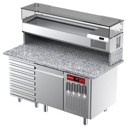 Table frigorifique, ventil&eacute;e, pour pizza 1 porte et 7 tiroirs avec  vitrine refrig&eacute;r&eacute;e 1600x380x410 et plan de travail en granit