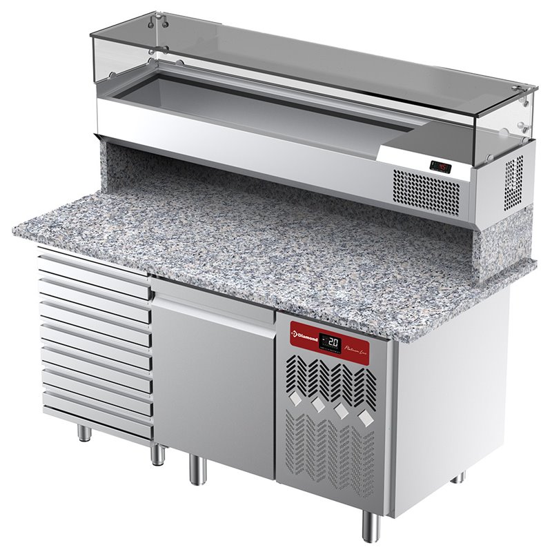 Table frigorifique, ventil&eacute;e, pour pizza 1 porte et 7 tiroirs avec  vitrine refrig&eacute;r&eacute;e 1600x380x410 et plan de travail en granit