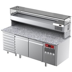 Table frigorifique, ventil&eacute;e, pour pizza 2 portes et 7 tiroirs avec  vitrine refrig&eacute;r&eacute;e 2000x380x410 et plan de travail en grani