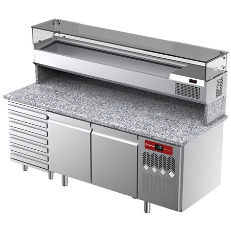 Table frigorifique, ventil&eacute;e, pour pizza 2 portes et 7 tiroirs avec  vitrine refrig&eacute;r&eacute;e 2000x380x410 et plan de travail en grani