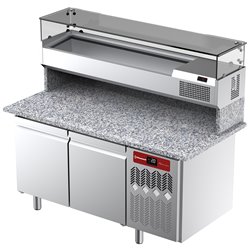 Table frigorifique, ventil&eacute;e, pour pizza 2 portes avec  vitrine refrig&eacute;r&eacute;e 1600x380x410 et plan de travail en granit - Diamond -