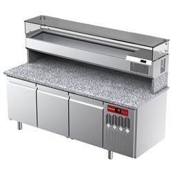 Table frigorifique, ventil&eacute;e, pour pizza 3 portes avec  vitrine refrig&eacute;r&eacute;e 2000x380x410 et plan de travail en granit - Diamond -