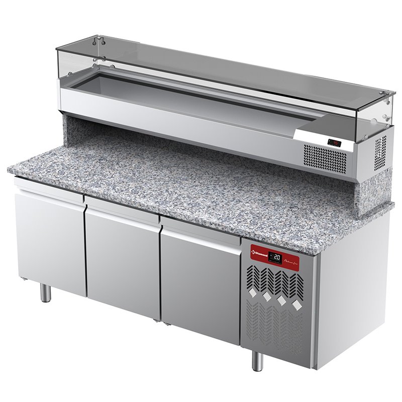 Table frigorifique, ventil&eacute;e, pour pizza 3 portes avec  vitrine refrig&eacute;r&eacute;e 2000x380x410 et plan de travail en granit - Diamond -