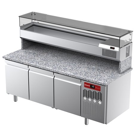 Table frigorifique, ventil&eacute;e, pour pizza 3 portes avec  vitrine refrig&eacute;r&eacute;e 2000x380x410 et plan de travail en granit - Diamond -