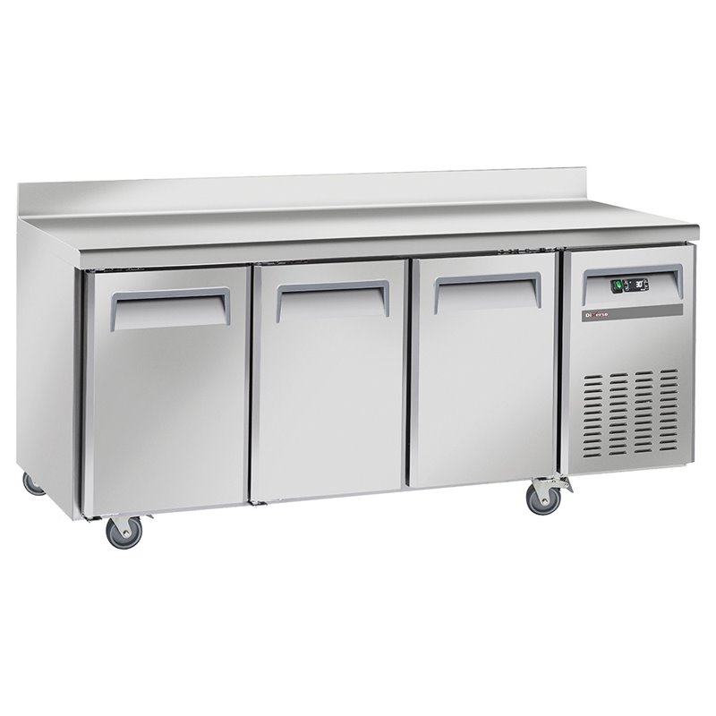 Table frigorifique, ventil&eacute;, 3 portes GN 1/1, avec dosseret, sur roues, 2 avec freins - Diamond - WR-GTN3-3ND