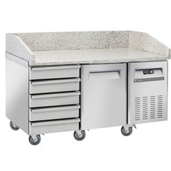 Table frigo pizzeria, 1 porte EN 600x400, 5 tiroirs neutres EN 600x400, sur roues, 2 avec freins - Diamond - WR-PZ15-51