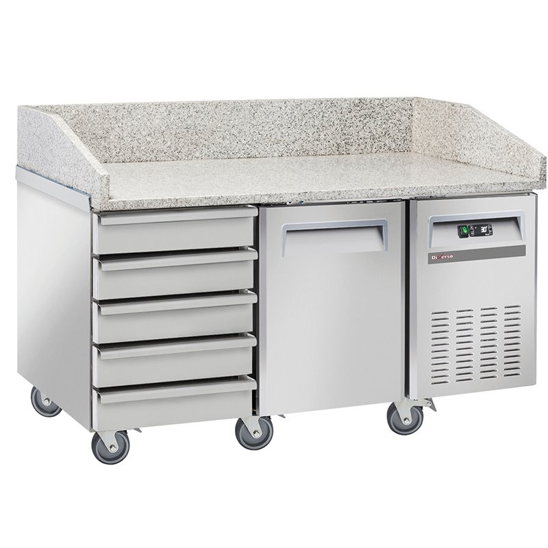 Table frigo pizzeria, 1 porte EN 600x400, 5 tiroirs neutres EN 600x400, sur roues, 2 avec freins - Diamond - WR-PZ15-51