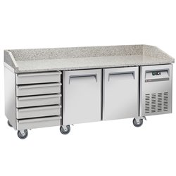 Table frigo pizzeria, 2 portes EN 600x400, 5 tiroirs neutres EN 600x400, sur roues, 2 avec freins - Diamond - WR-PZ20-52