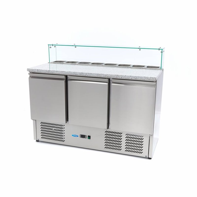R&eacute;frig&eacute;rateur pour la pr&eacute;paration des pizzas - 137 cm - 3 portes - s'adapte &agrave; 8 x 1/6 GN - incl couvercle en verre - Maxima - 09