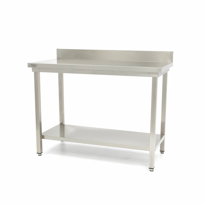 Table en acier inoxydable - 140 x 60 cm - hauteur r&eacute;glable - avec dosseret et &eacute;tag&egrave;re de rangement - Maxima - 09300986