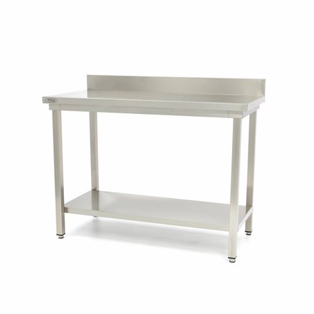 Table en acier inoxydable - 140 x 60 cm - hauteur r&eacute;glable - avec dosseret et &eacute;tag&egrave;re de rangement - Maxima - 09300986
