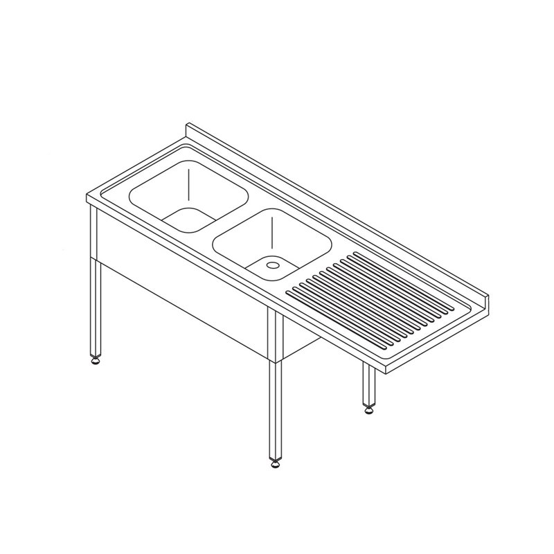 Table lave-vaisselle - 200 x 70 cm - gauche - avec 2 &eacute;viers et dosseret - incl &eacute;tag&egrave;re de rangement - Maxima - 09394003