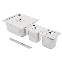 Ensemble de bacs GN 2 x 1/6 et 2/3 inox avec couvercles Vogue - Gastronoble - SA241