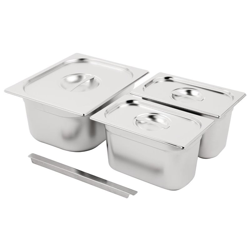 Ensemble de bacs GN 1/2 et 2 x 1/4 inox avec couvercles Vogue - Gastronoble - SA244