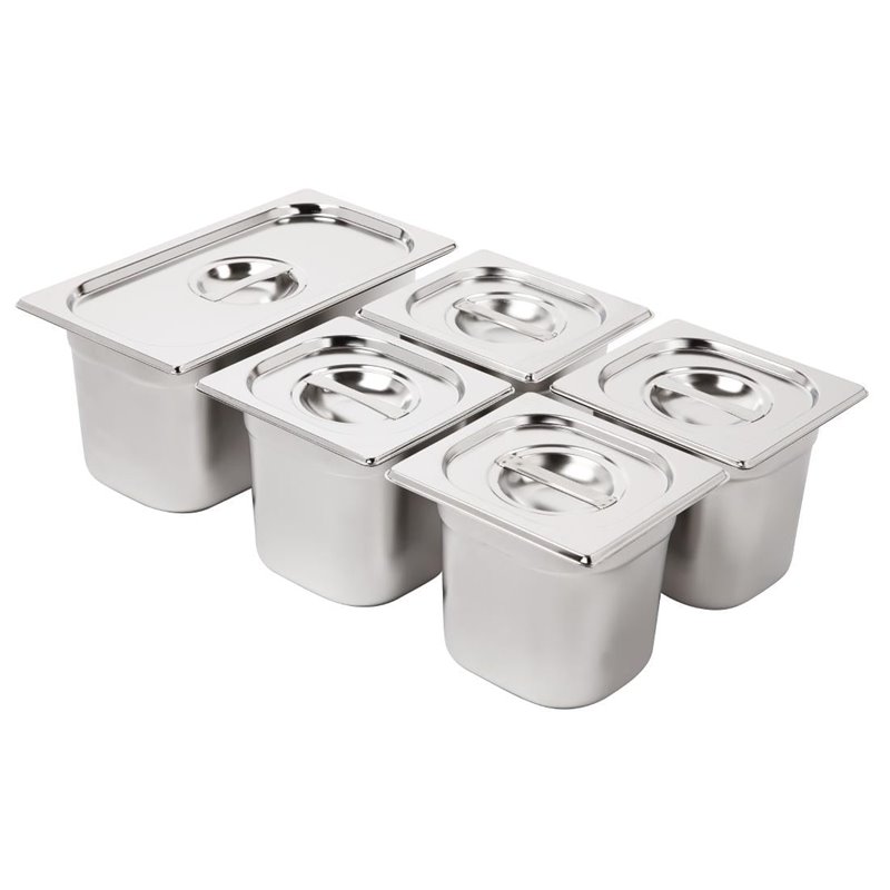Ensemble de bacs GN 1/3 et 4 x 1/6 en inox avec couvercles Vogue - Gastronoble - SA246