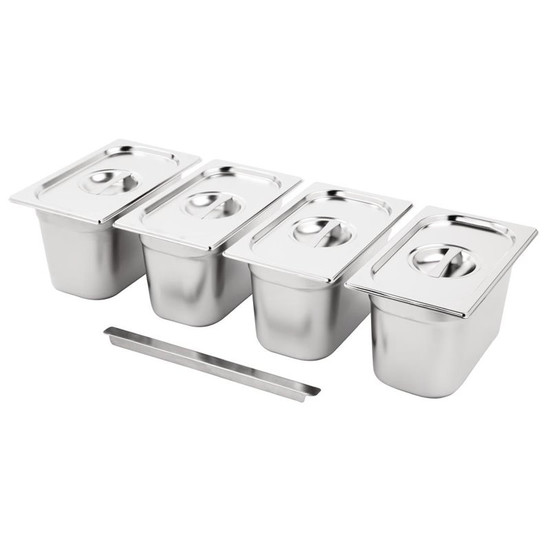 Ensemble de 4 bacs GN&nbsp;1/4 en inox avec couvercles Vogue - Gastronoble - SA247