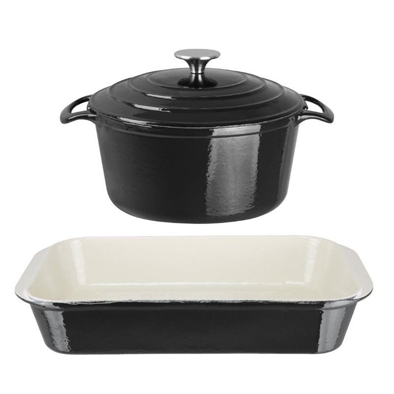 Ensemble 1 cocotte et 1 plat &agrave; r&ocirc;tir en fonte Vogue Cook Like A Pro - Gastronoble - SA619