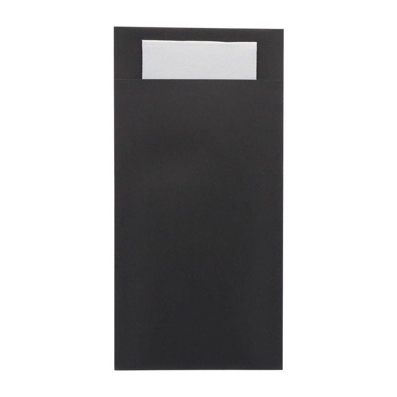Pochettes &agrave; couverts Europochette taille royale noire avec serviette blanche douce 2 plis (lot de 250) - Gastronoble - HX979