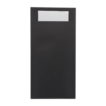 Pochettes &agrave; couverts Europochette taille royale noire avec serviette blanche douce 2 plis (lot de 250) - Gastronoble - HX979