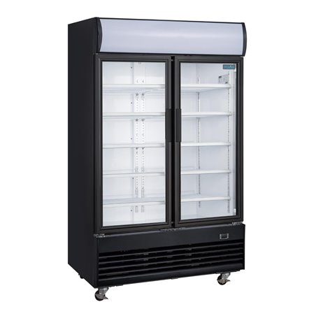 Vitrine r&eacute;frig&eacute;r&eacute;e positive 2 portes battantes avec caisson lumineux Polar S&eacute;rie G 950L noire - Gastronoble - GM813