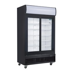 Vitrine r&eacute;frig&eacute;r&eacute;e positive 2 portes coulissantes avec caisson lumineux Polar S&eacute;rie G 950L noire - Gastronoble - GM814