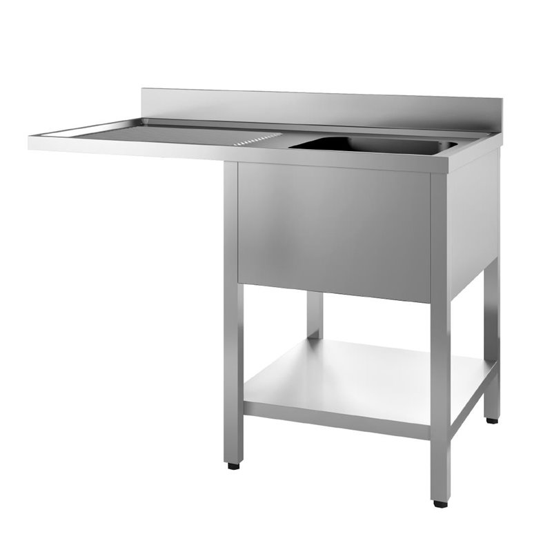 Plonge avec dosseret 1 bac et sous-tablette &agrave; droite et 1 &eacute;gouttoir et espace LV &agrave; gauche Gastro M 1200x700x850mm - Gastronoble 