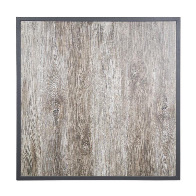 Plateau de table ext&eacute;rieur carr&eacute; en verre tremp&eacute; Bolero effet grain de bois bord gris 700 mm - Gastronoble - FU515