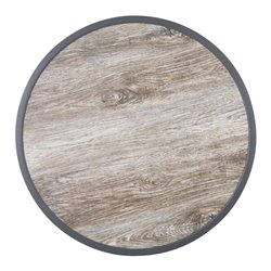Plateau de table ext&eacute;rieur rond en verre tremp&eacute; Bolero effet grain de bois bord gris 580mm - Gastronoble - DL486