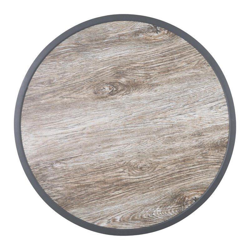 Plateau de table ext&eacute;rieur rond en verre tremp&eacute; Bolero effet grain de bois bord gris 580mm - Gastronoble - DL486