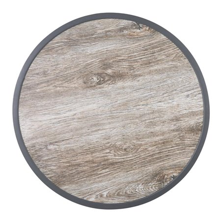 Plateau de table ext&eacute;rieur rond en verre tremp&eacute; Bolero effet grain de bois bord gris 580mm - Gastronoble - DL486