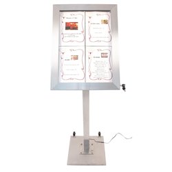 Porte-menu &agrave; LED couleurs en inox Securit 4xA4 avec poteau et socle - Gastronoble - DP704