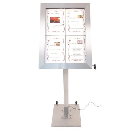 Porte-menu &agrave; LED couleurs en inox Securit 4xA4 avec poteau et socle - Gastronoble - DP704