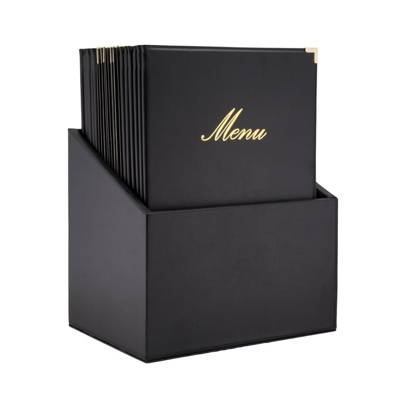 Bo&icirc;te avec 20 prot&egrave;ge-menus simili cuir A4x4 Securit Classic noirs - Gastronoble - CU929
