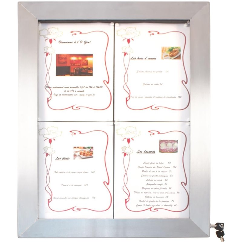 Porte-menu mural &agrave; LED couleurs en inox Securit 4xA4 - Gastronoble - CU937