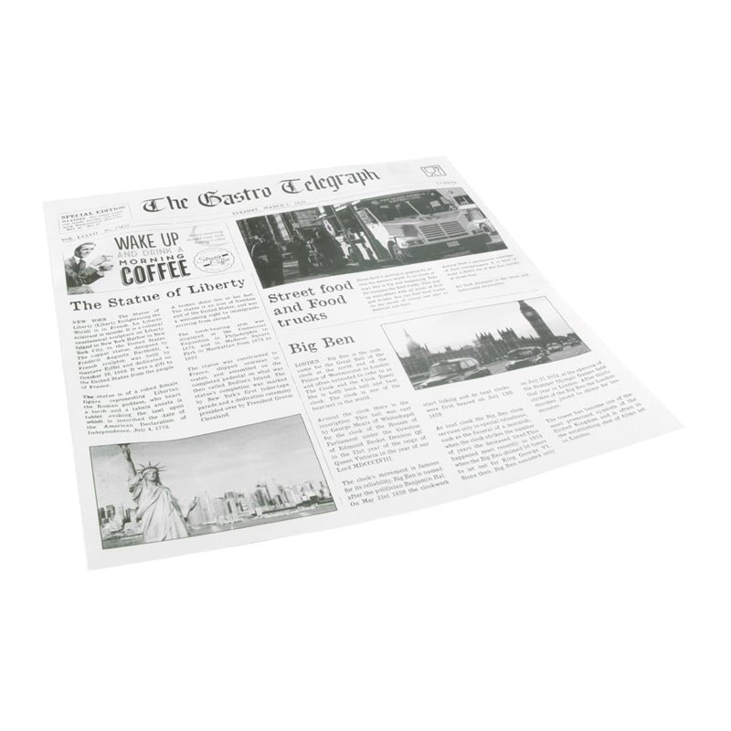 Papier ingraissable imprim&eacute; journal Sier Disposables 300 x 300mm (lot de 300) - Gastronoble - HZ707