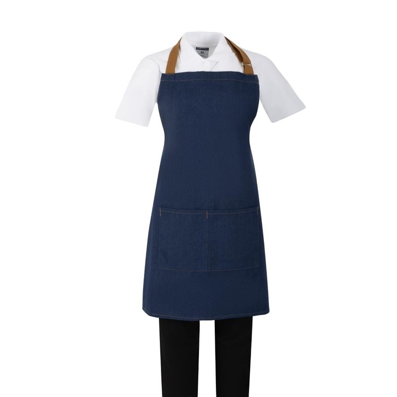 Tablier court Southside en denim bleu avec attaches marron clair - Gastronoble - BA158