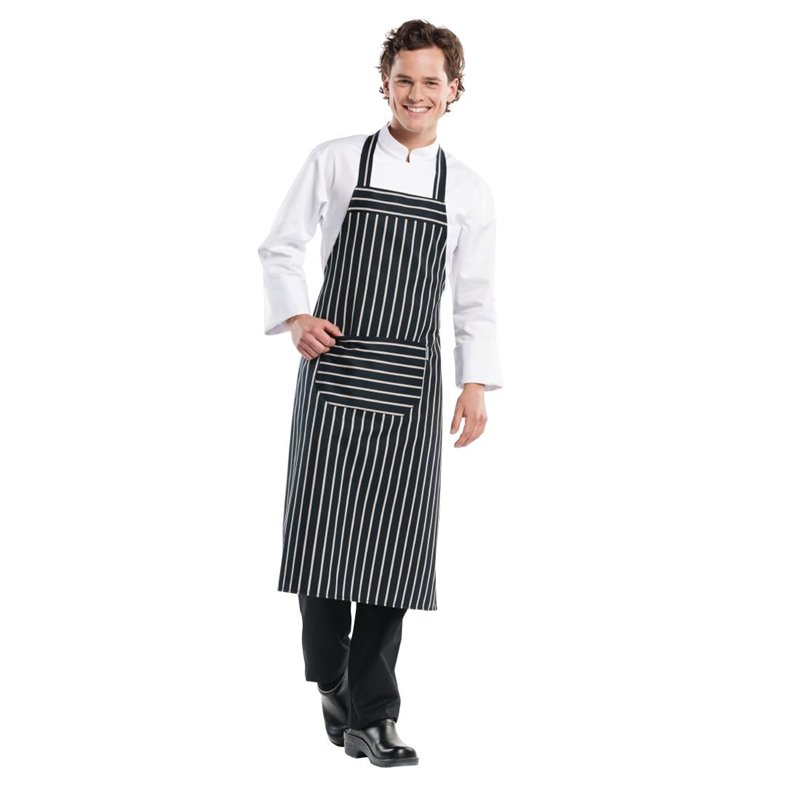 Tablier bavette Chaud Devant Remo ray&eacute; noir et blanc - Gastronoble - H268