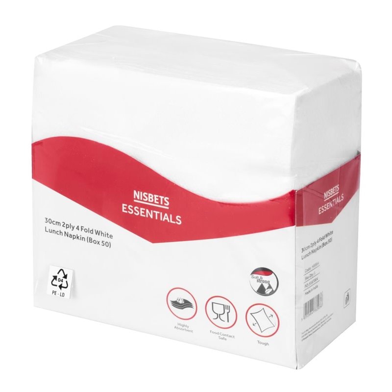 Serviettes d&eacute;jeuner 2 plis Nisbets Essentials blanches pli&eacute;es en 4 (lot de 50) - Gastronoble - HS984