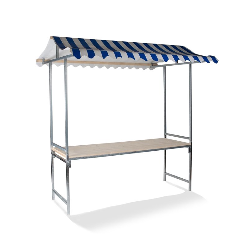 &Eacute;tal de march&eacute; Professional Bleu-Blanc, structure en acier, b&acirc;che PVC ignifuge, plateau en bois d'&eacute;pic&eacute;a, 200x151x232cm (BxTxH) 