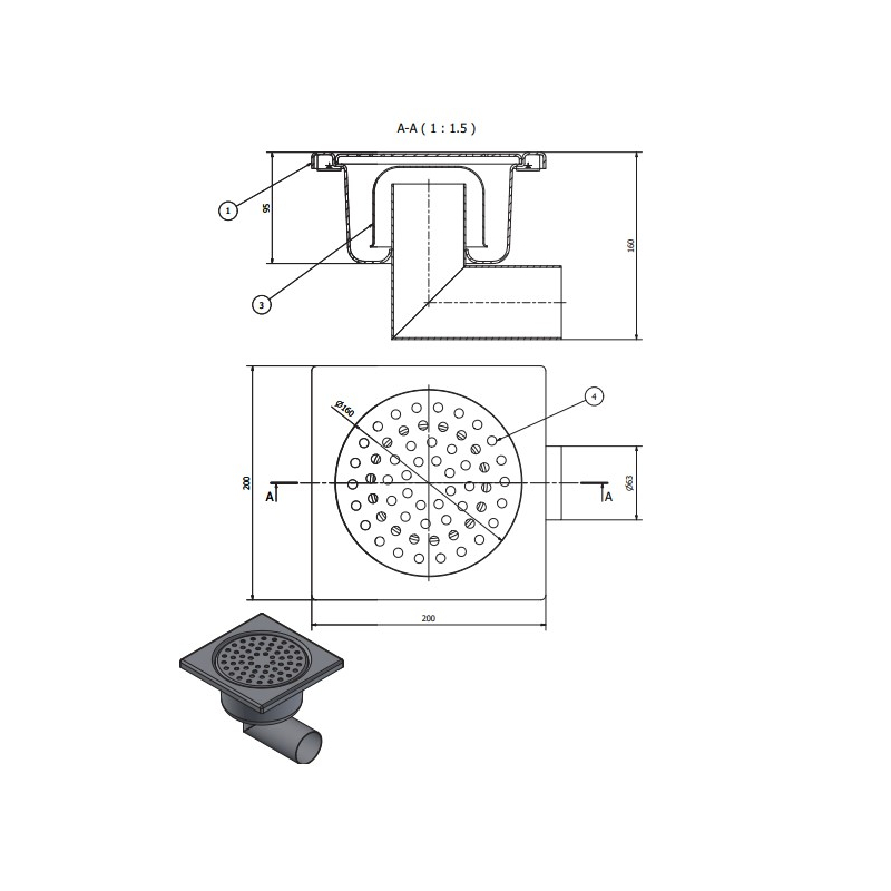 Siphon en inox 200x200mm - sortie lat&eacute;rale 63mm - Linum - FMC-3106-000