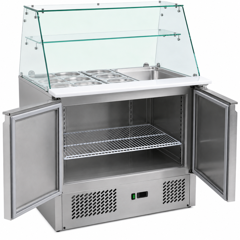 Saladette frigo 2 portes couvercle vitr&eacute; inox